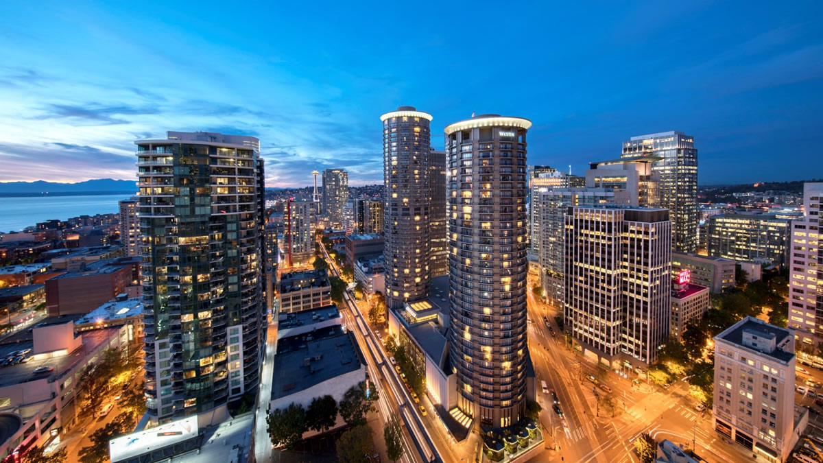 Exterior Aerial photo of the Westin Hotel at dusk